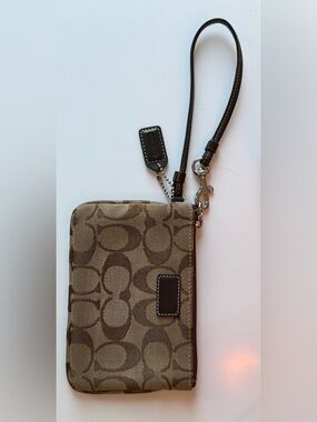 Coach Brown Signature Canvas Wristlet with Dark Brown Trim